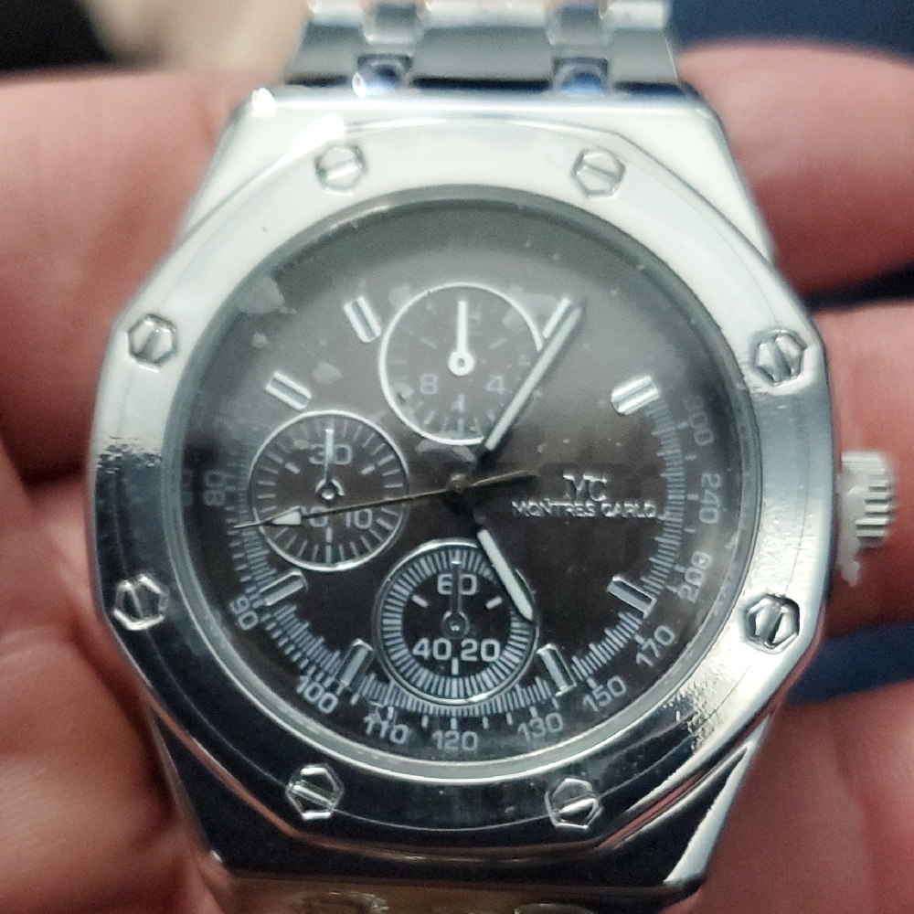 Men's Silver-Tone Watch with Black Dial